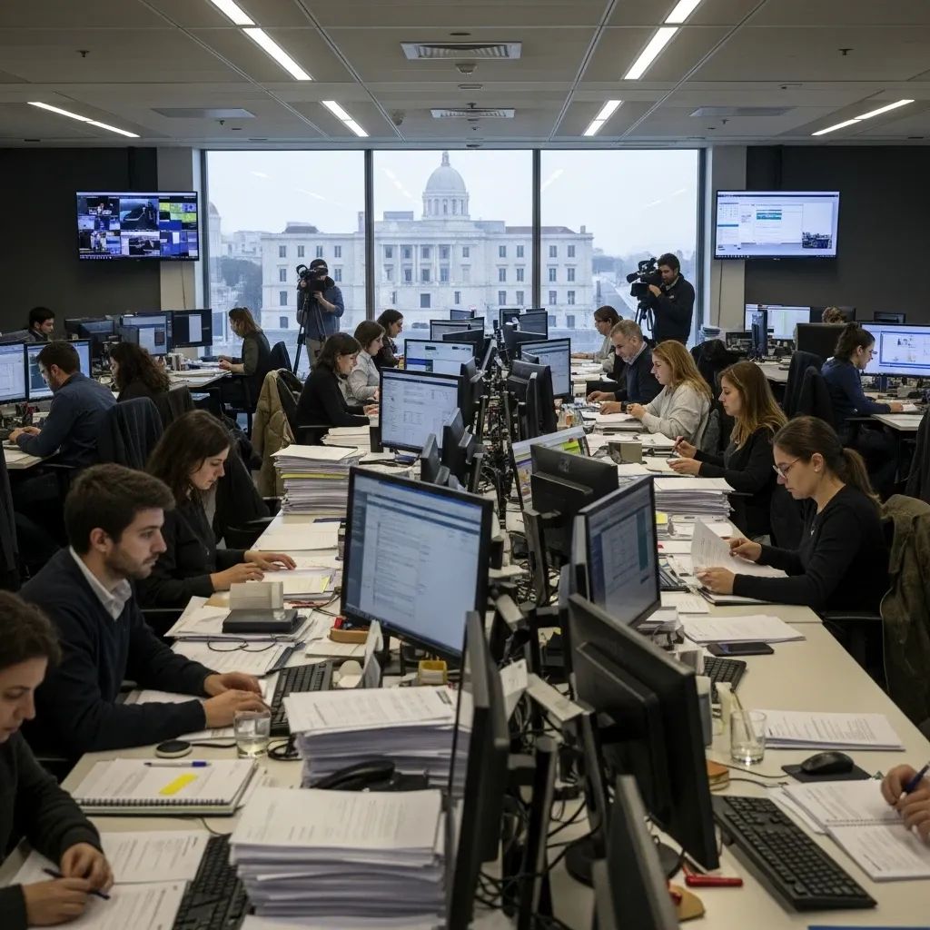 A busy newsroom with reporters working at long rows of desks.
